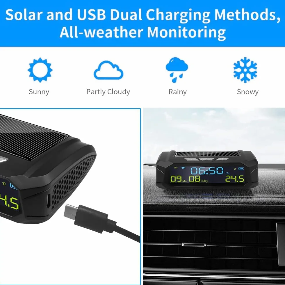Automatyczny zegar solarny z wyświetlaczem LCD, datą, temperaturą, do dekoracji osobistych części samochodowych na zewnątrz B