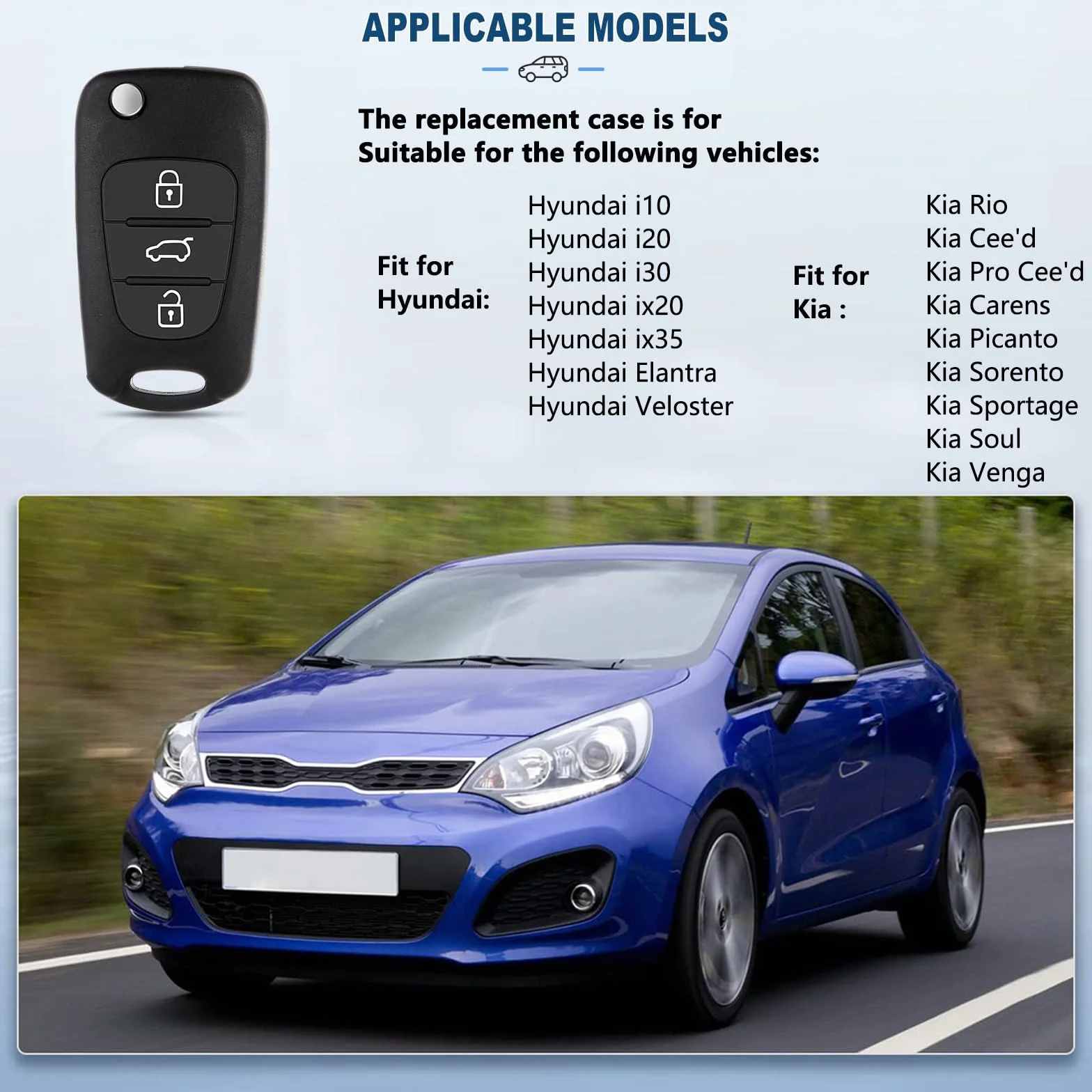 Zestaw 2 Obudów Kluczyka Samochodowego Kompatybilnych z Hyundai i10 i20 i30 ix20 ix35 Elantra Veloster i Kia Ceed Soul Sportage Venga 3 Przyciskowa z Narzędziem do Demontażu