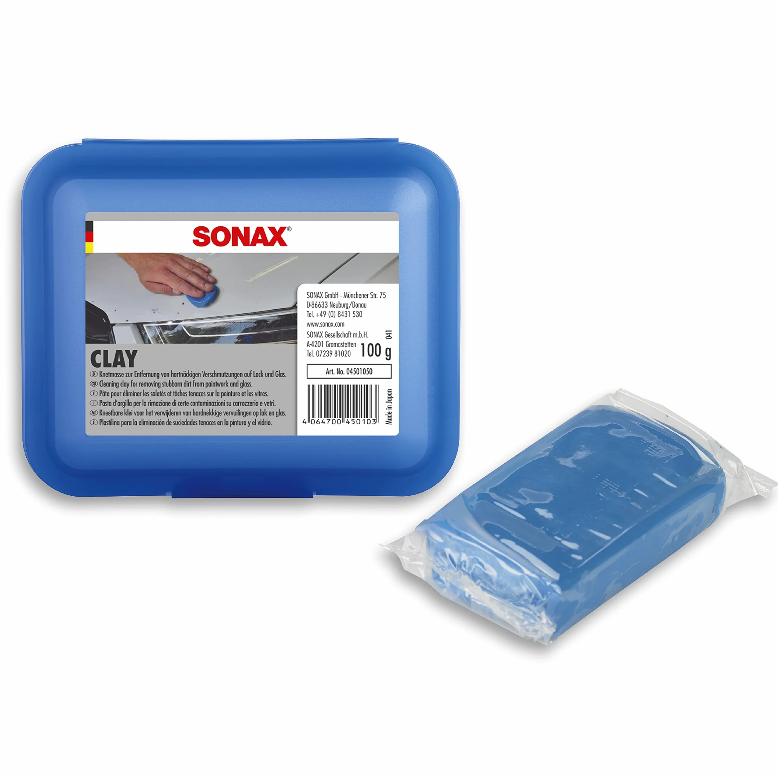 SONAX Clay (100 g) wysokiej jakości i trwała masa plastelinowa do usuwania mocno przylegających zabrudzeń na lakierze, szkle i chromie. Odporna na odkształcenia, nie przykleja się do skóry, nr art. 04501050