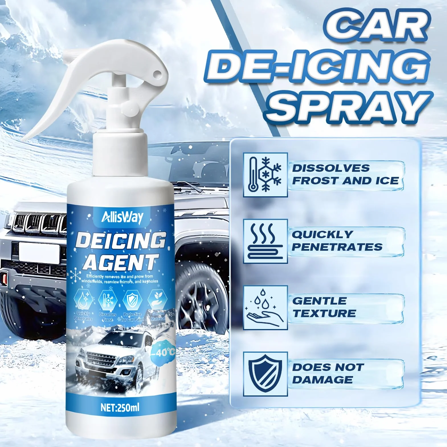 Spray do odmrażania samochodu, 250ml Spray do odmrażania samochodu, Odmrażacz szyb, Odmraża i Topi LÓD i Szron Szybko, Odpowiedni do Szyb Przednich, Lusterek Wstecznych i Karoserii Samochodów
