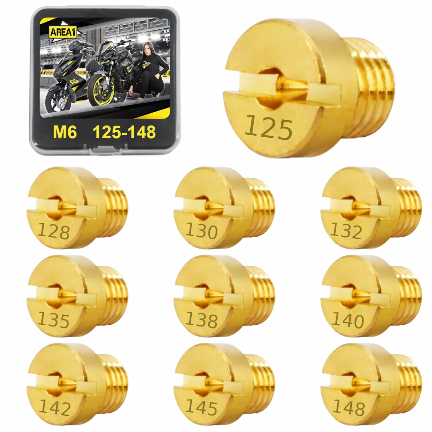 Area1 10 sztuk uniwersalnych dysz gaźnika M6, zestaw dysz głównych gaźników 6 mm, 125, 128, 130, 132, 135, 138, 140, 142, 145, 148, do Dellorto (typ M6/125-148/10 szt.)