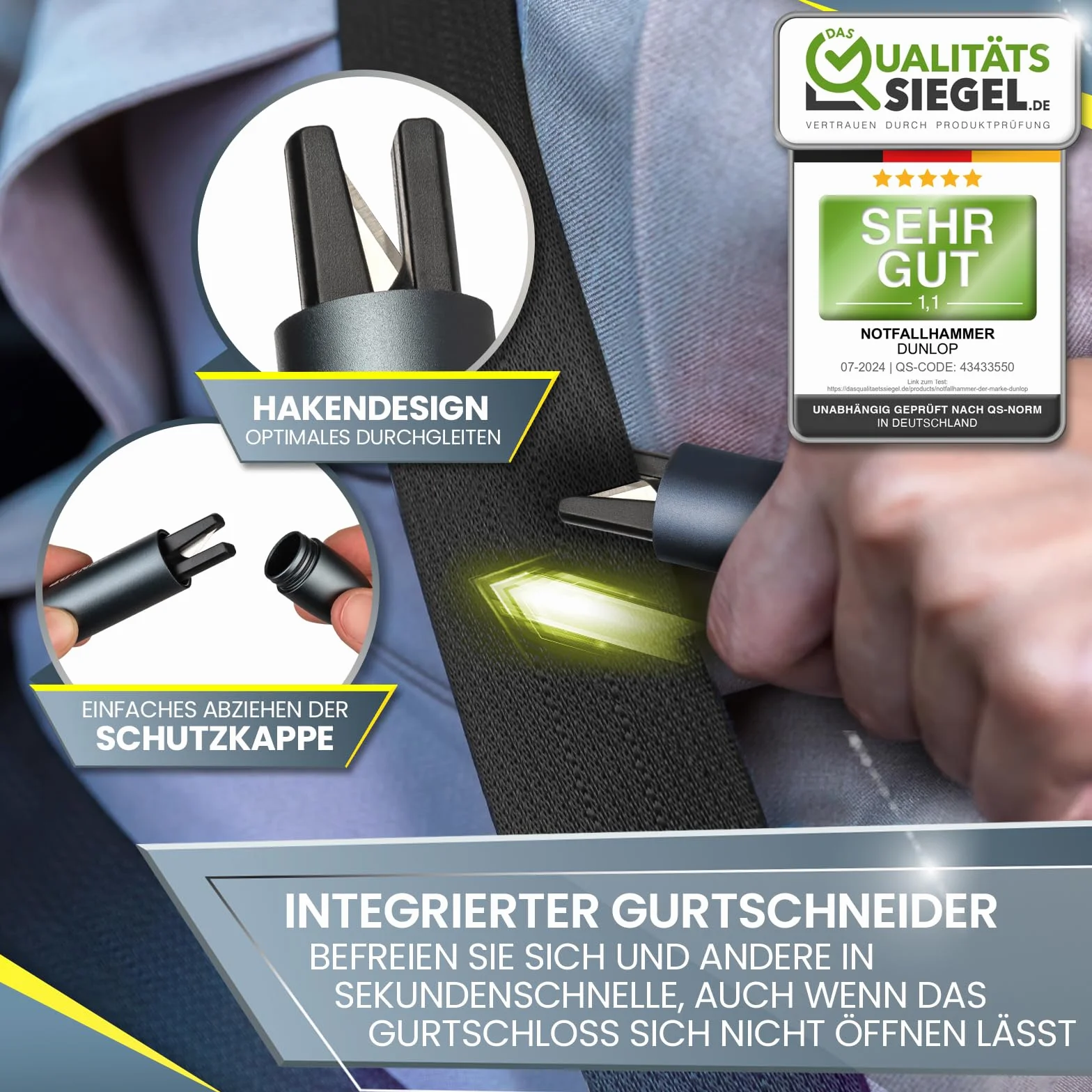 Dunlop Automotive Gurtschneider Notfallhammer-Marken Notfall Hammer mit Testglas zum Üben-Zerstört insbesondere Verbund Sicherheitsglas der neuen Auto Generation-Federkorn Nothammer-Emergency CarTool