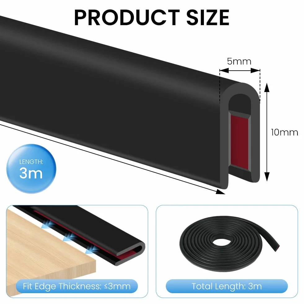 Flintronic 3M Gumowa osłona krawędzi kanału U 10 mm x 5 mm samoprzylepna czarna