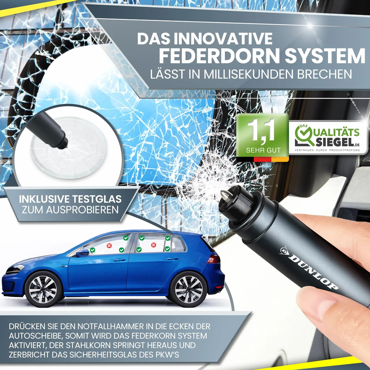 Dunlop Automotive Gurtschneider Notfallhammer-Marken Notfall Hammer mit Testglas zum Üben-Zerstört insbesondere Verbund Sicherheitsglas der neuen Auto Generation-Federkorn Nothammer-Emergency CarTool