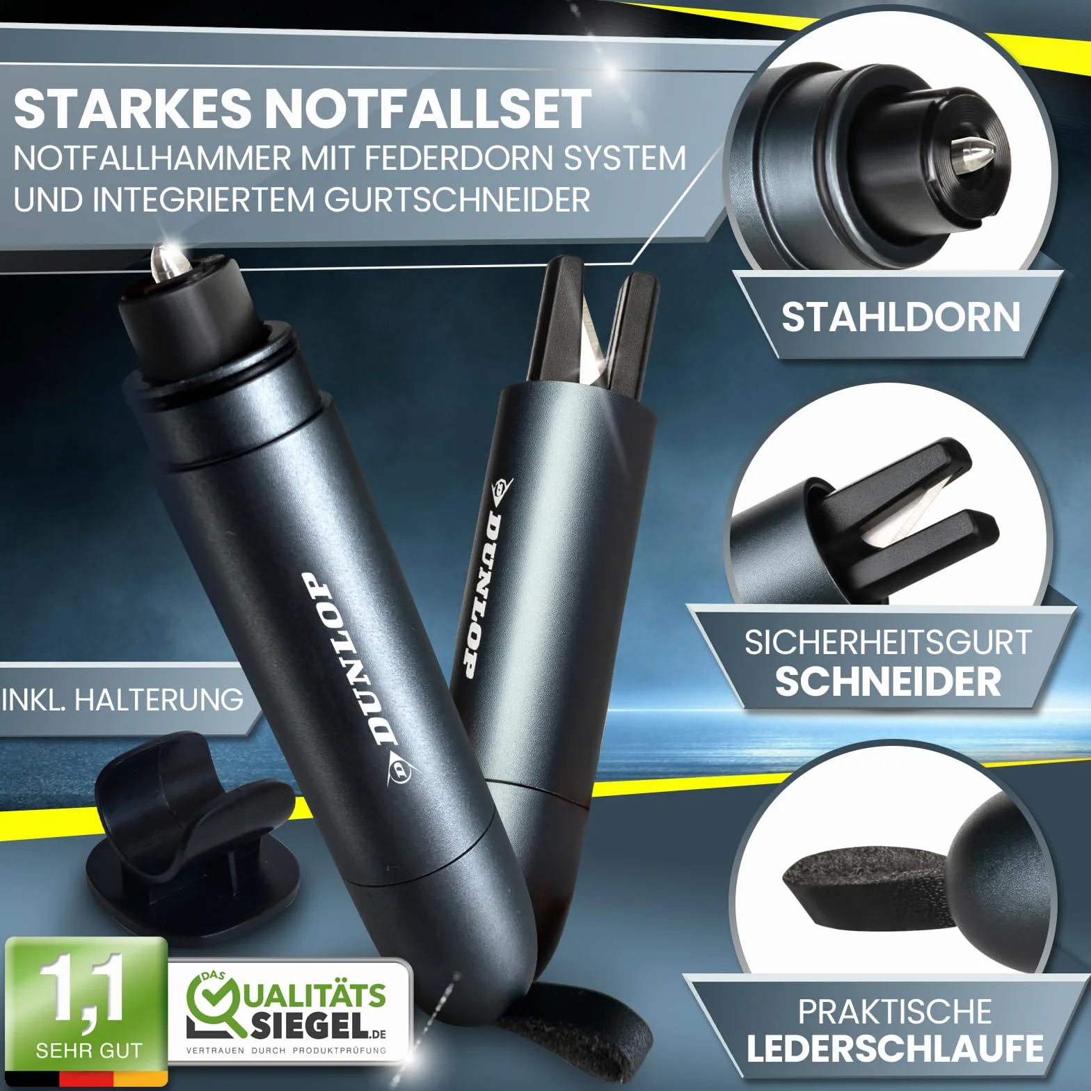 Dunlop Automotive Gurtschneider Notfallhammer-Marken Notfall Hammer mit Testglas zum Üben-Zerstört insbesondere Verbund Sicherheitsglas der neuen Auto Generation-Federkorn Nothammer-Emergency CarTool
