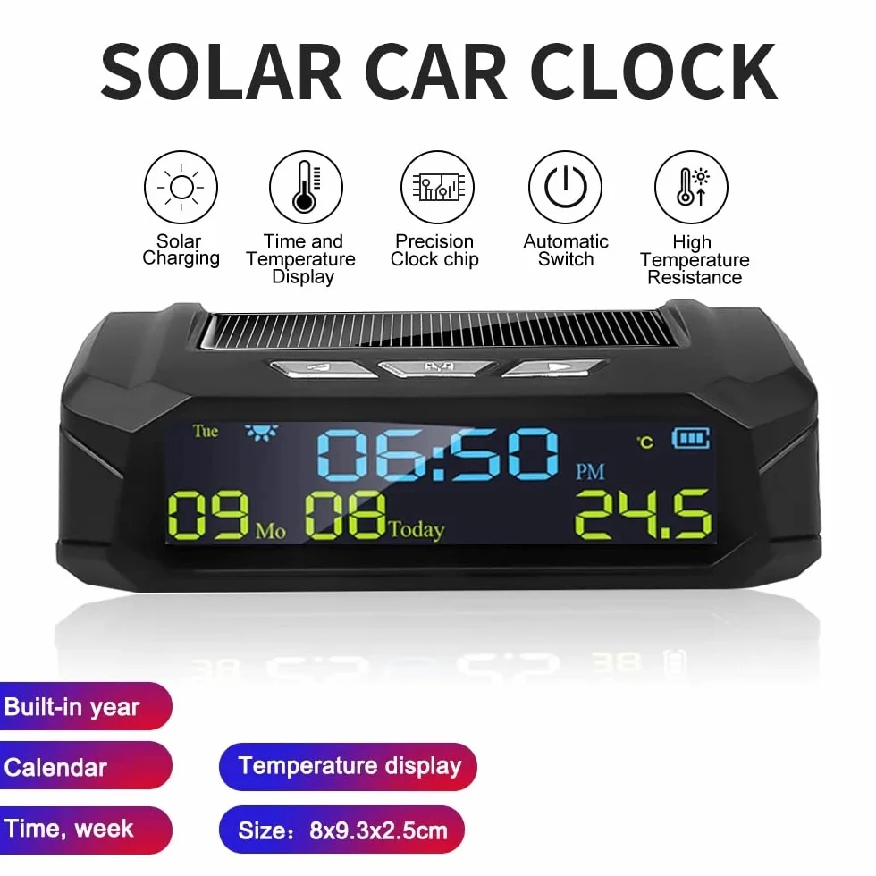 Automatyczny zegar solarny z wyświetlaczem LCD, datą, temperaturą, do dekoracji osobistych części samochodowych na zewnątrz B