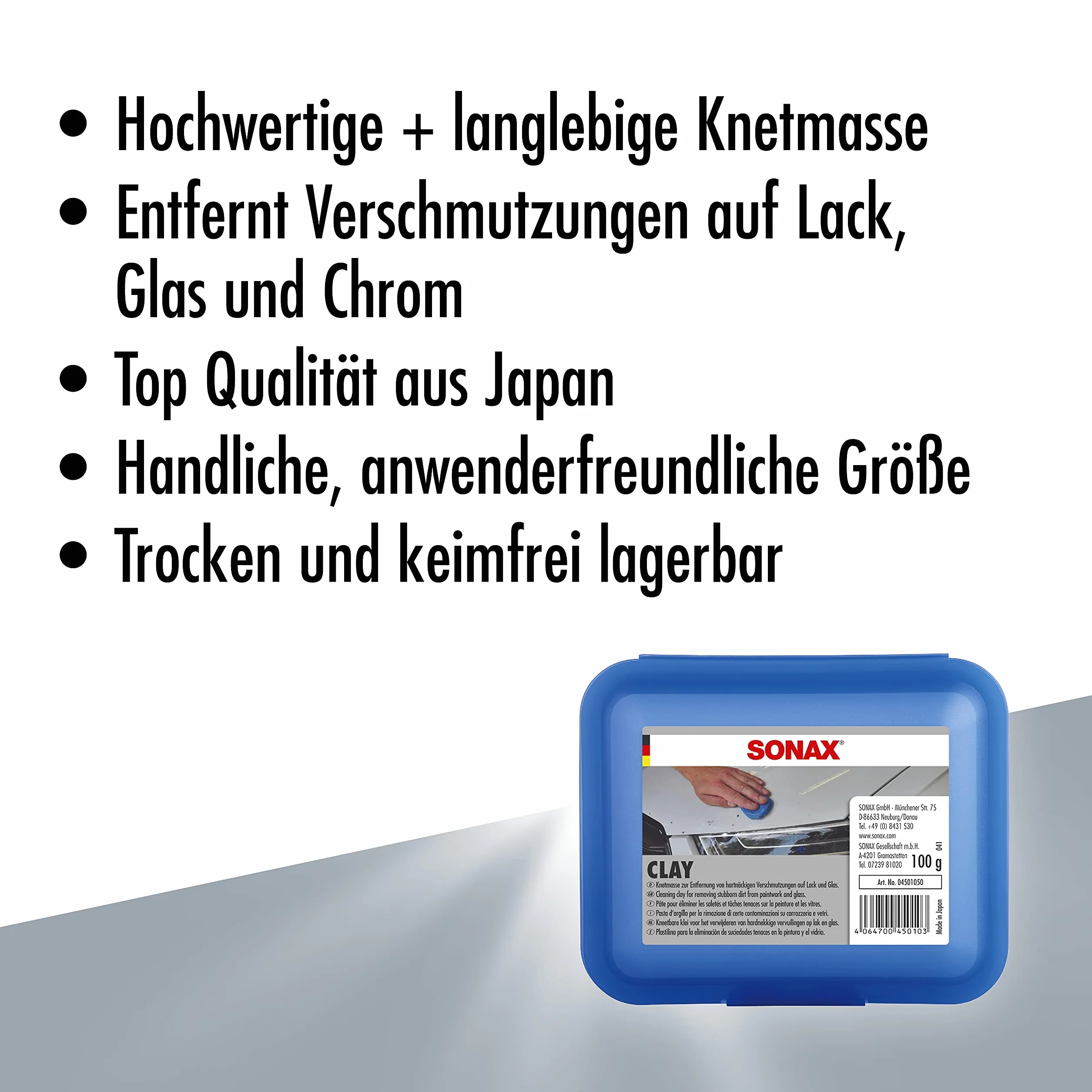 SONAX Clay (100 g) wysokiej jakości i trwała masa plastelinowa do usuwania mocno przylegających zabrudzeń na lakierze, szkle i chromie. Odporna na odkształcenia, nie przykleja się do skóry, nr art. 04501050