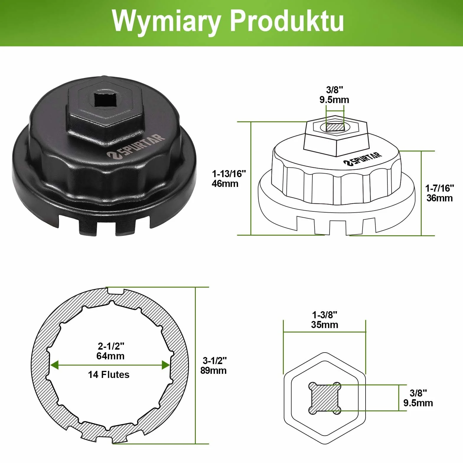Spurtar Klucz do filtra oleju 64 mm 14-kątny, nasadka do filtra oleju kompatybilna z Lexus, Camry, Tundra 2,5-5,7L