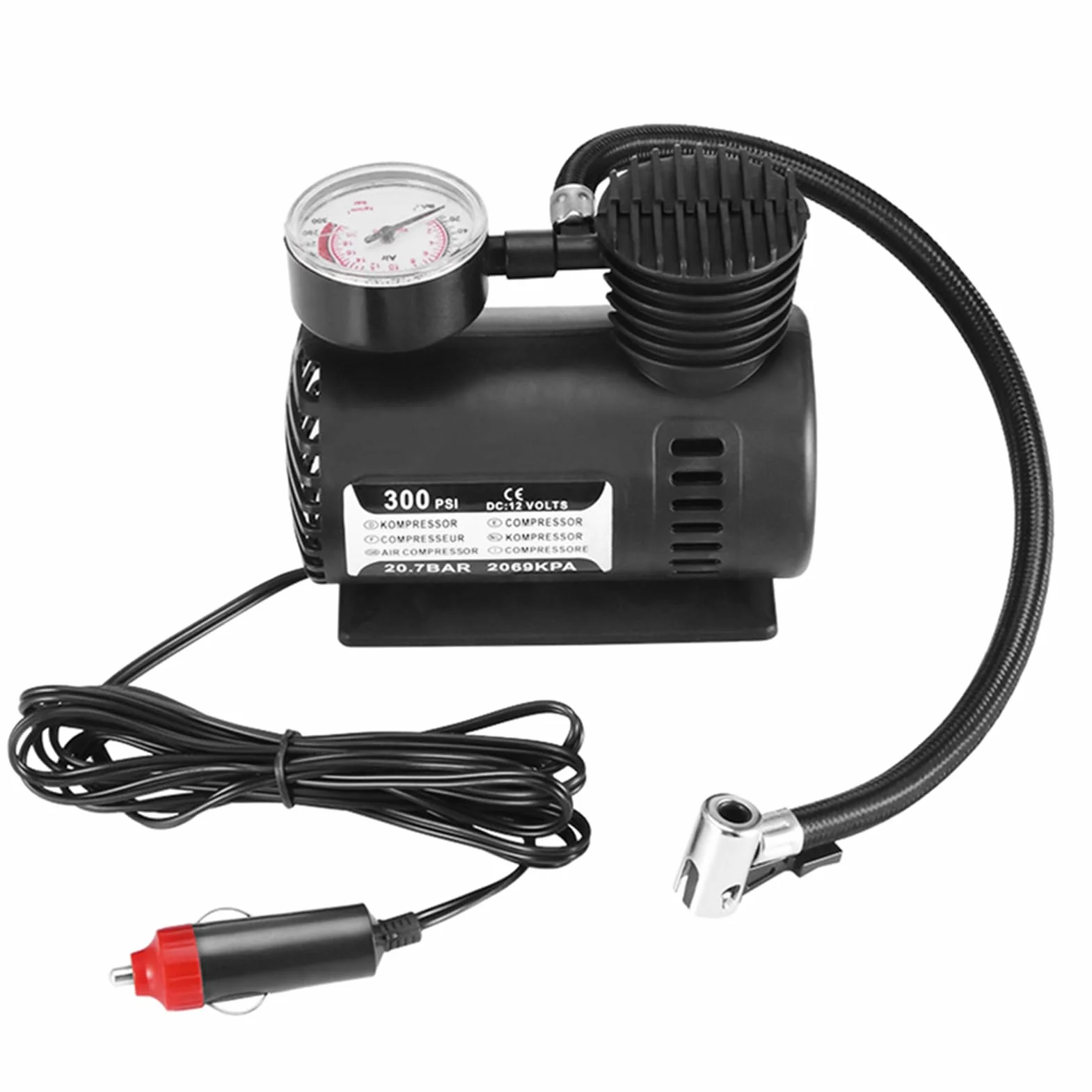 Pompka Samochodowa 300PSI, Mini Elektryczna Pompka do Opon 12V z 3 Igłami do Samochodów, Rowerów, Motocykli, Przenośna Automatyczna Sprężarka (BLACK)