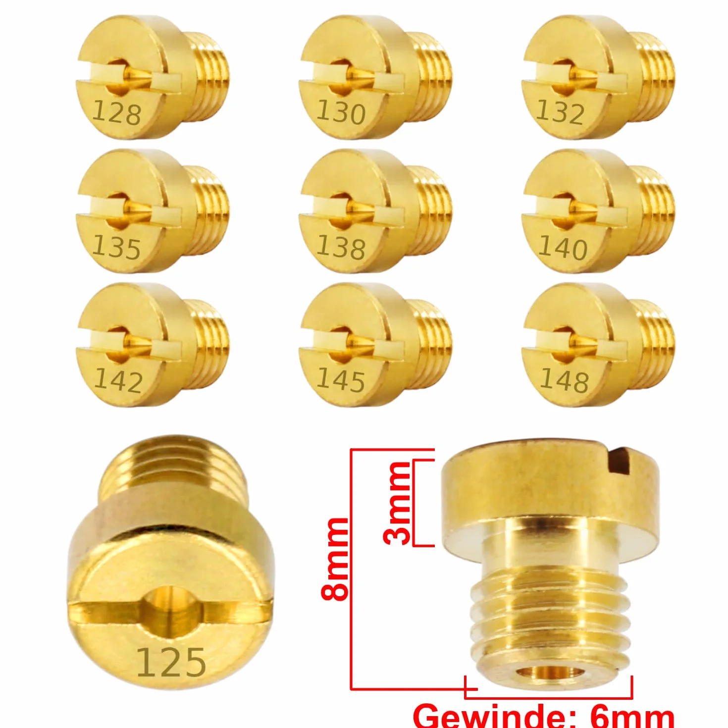 Area1 10 sztuk uniwersalnych dysz gaźnika M6, zestaw dysz głównych gaźników 6 mm, 125, 128, 130, 132, 135, 138, 140, 142, 145, 148, do Dellorto (typ M6/125-148/10 szt.)