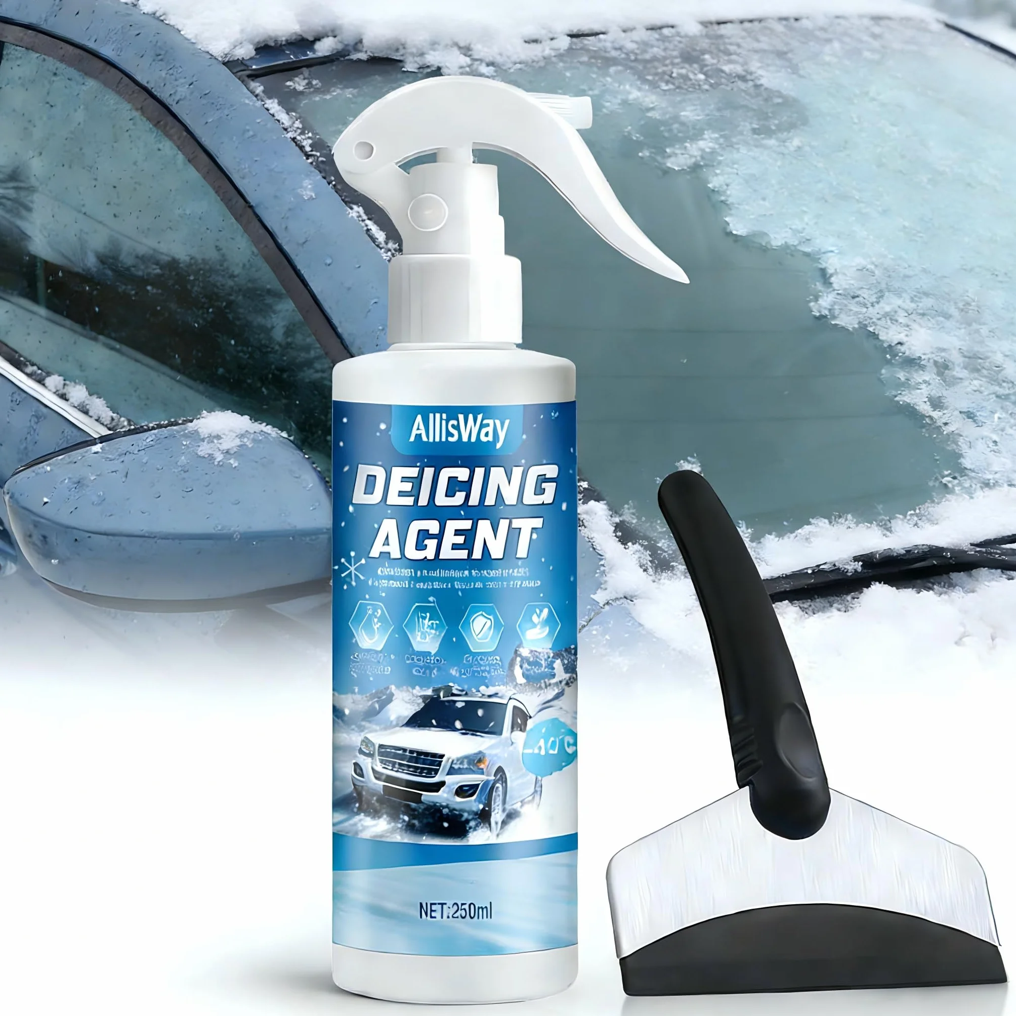 Spray do odmrażania samochodu, 250ml Spray do odmrażania samochodu, Odmrażacz szyb, Odmraża i Topi LÓD i Szron Szybko, Odpowiedni do Szyb Przednich, Lusterek Wstecznych i Karoserii Samochodów